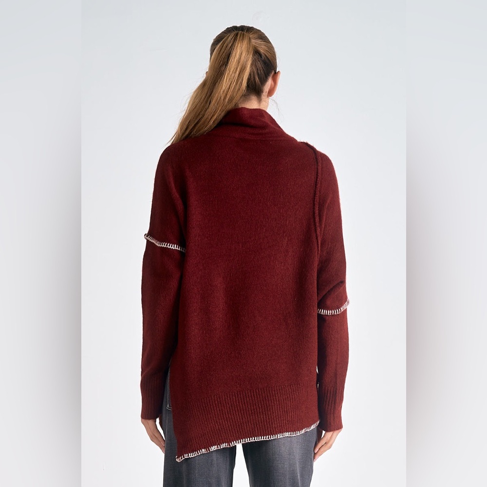 Elan Brick Asymmetric Stitch Sweater Funnel Neck Oversized Knit Sz M NWT - Picture 2 of 8